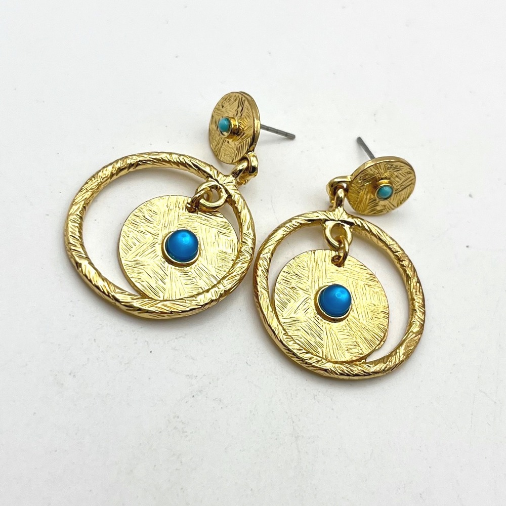 Gold Tone Textured Hoop Drop Earrings Turquoise Blue Cabochon Accents